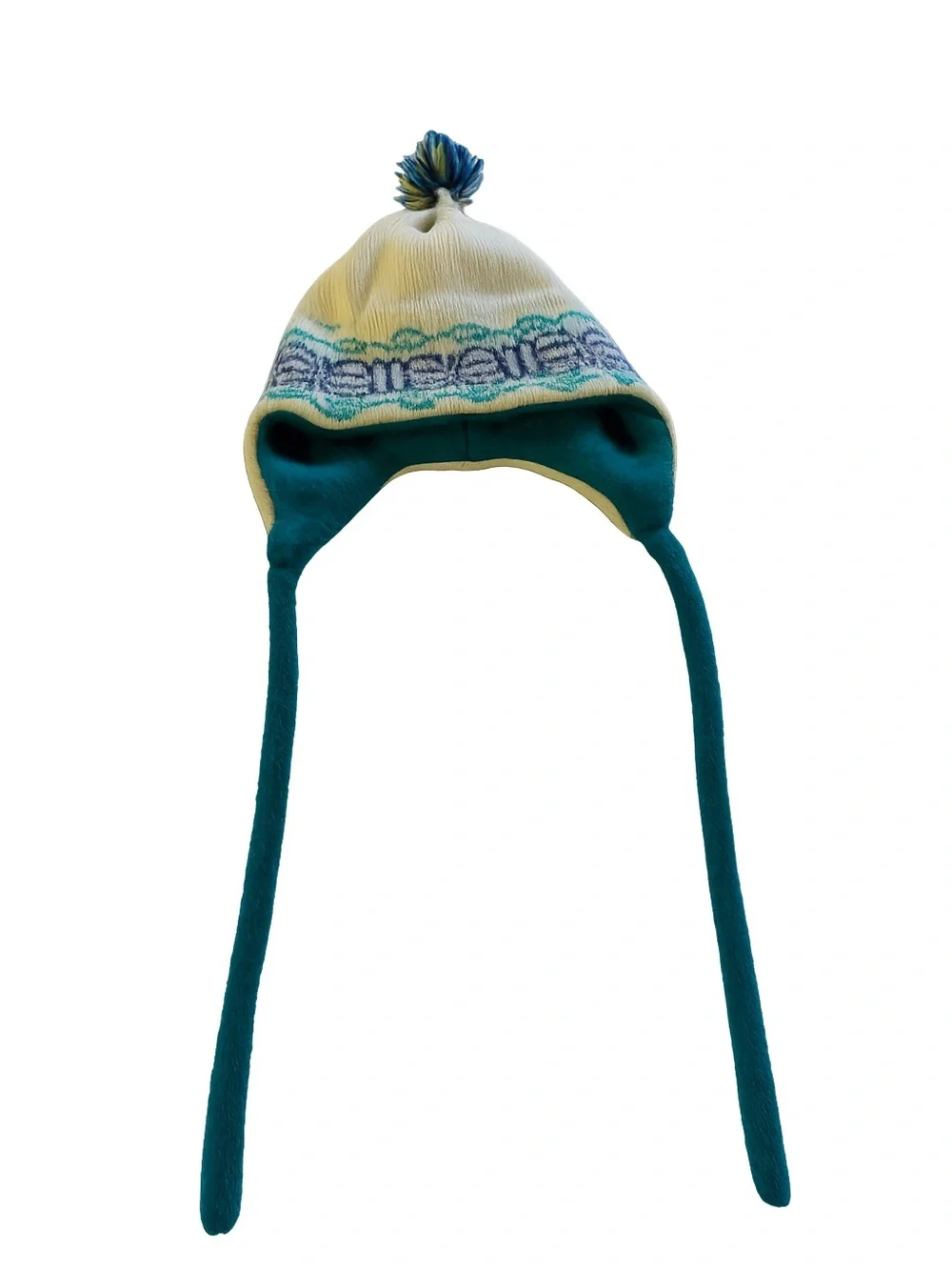 Vintage Cream & Teal Pom-Pom Earflap Hat - Turtle Fur- Vermont Wool & Acrylic